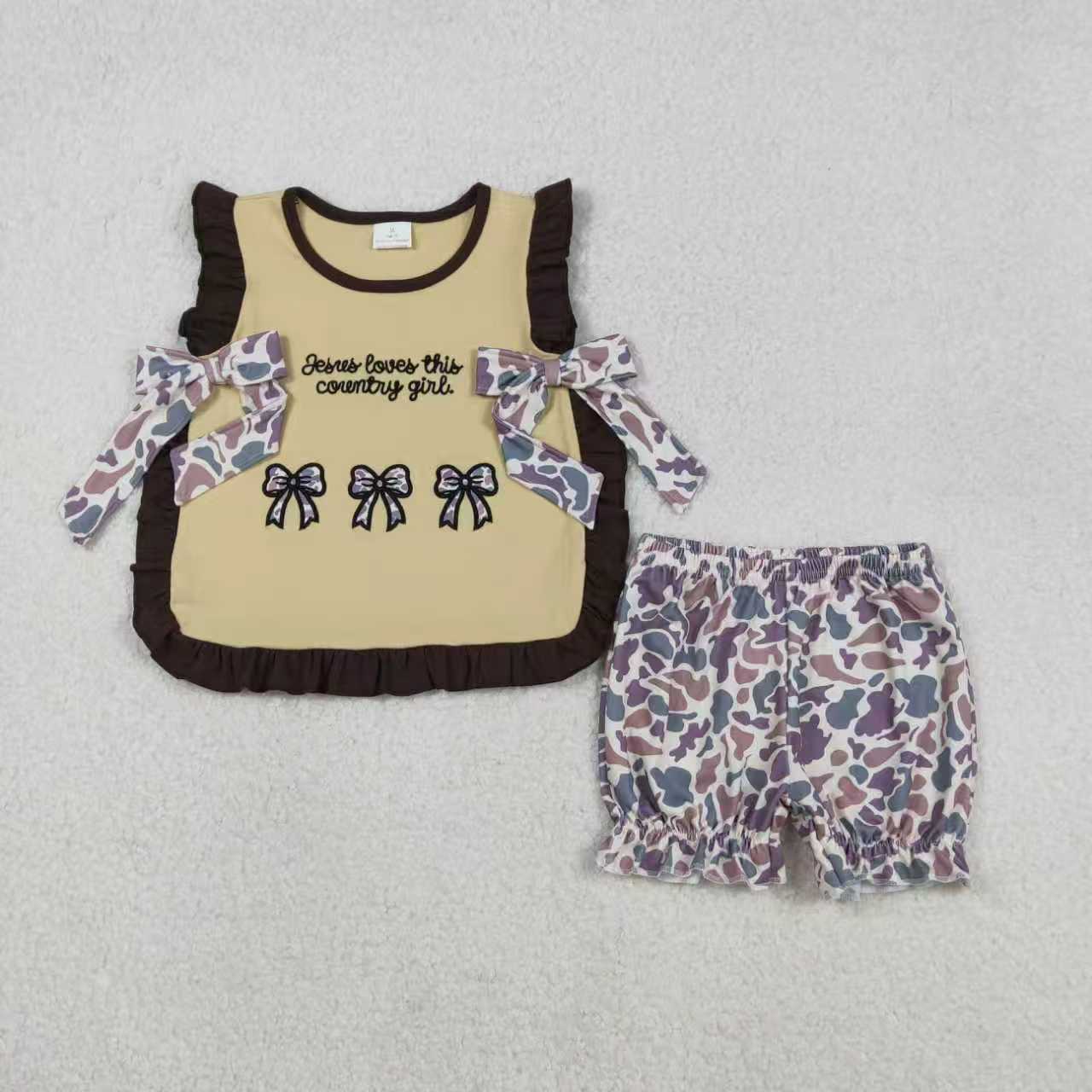 Sibling Girls Kids Short Sleeves Embroidery Jesus Love Me Bows Camo Romper Set RTS