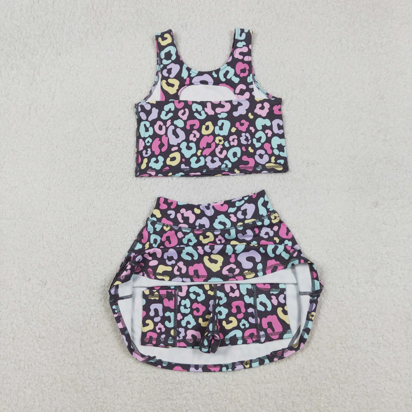 Baby Girl Sleeveless Colorful Leopard Yoga Vest Skort Active Wear Set RTS