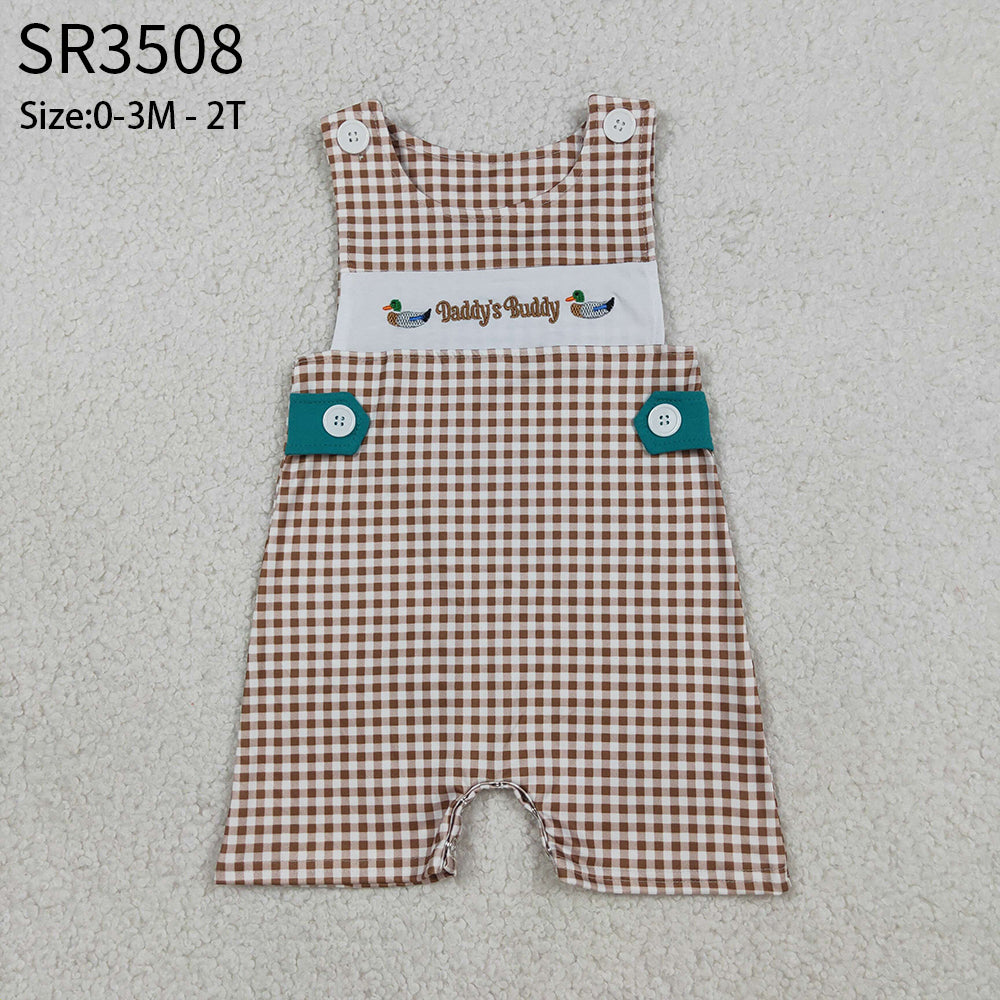 Baby Boys Sleeveless Embroidery Ducks Daddy Buddy Plaid Romper RTS