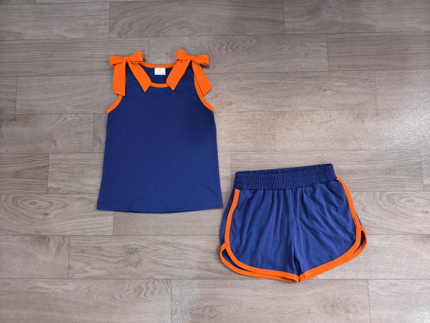 ( No moq ) Preorder Baby Girls Kids Orange Trim Sleeveless Bows Shirt Shorts Blue Set Summer Clothes