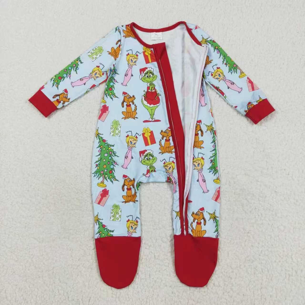 Baby Boys Kids Green Face Christmas Zipper Footie Romper Pajamas Set Sibling Clothes RTS
