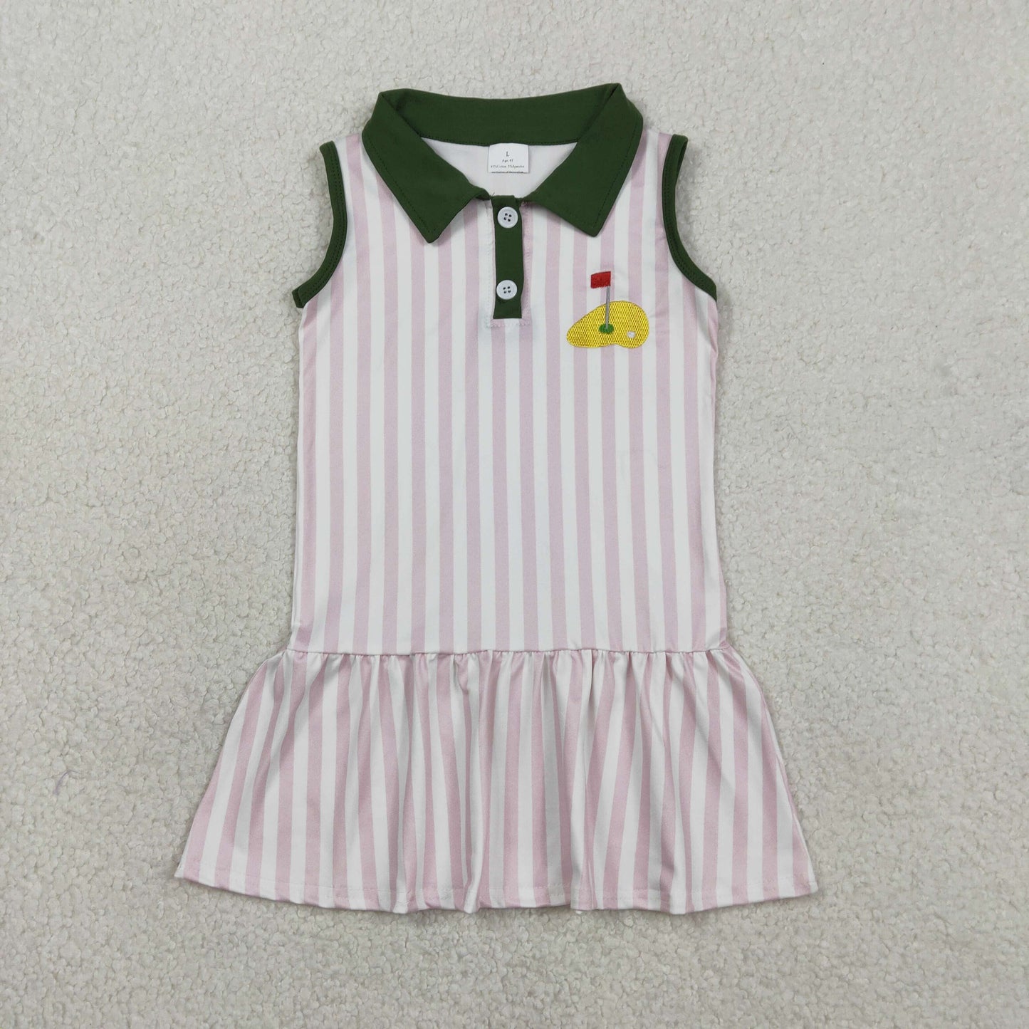 Baby Girls Sleeveless Pink Stripes Embroidery Golf Knee Length Buttons Dress RTS