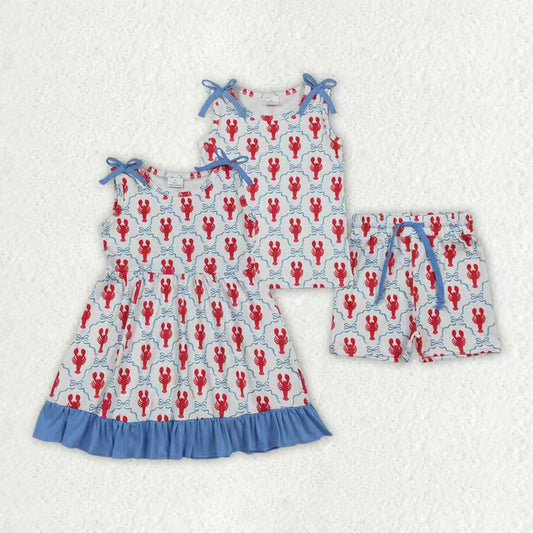 Sibling Baby Girls Toddler Sleeveless Crayfish Bows 4th of July Dress Set Clothes RTS