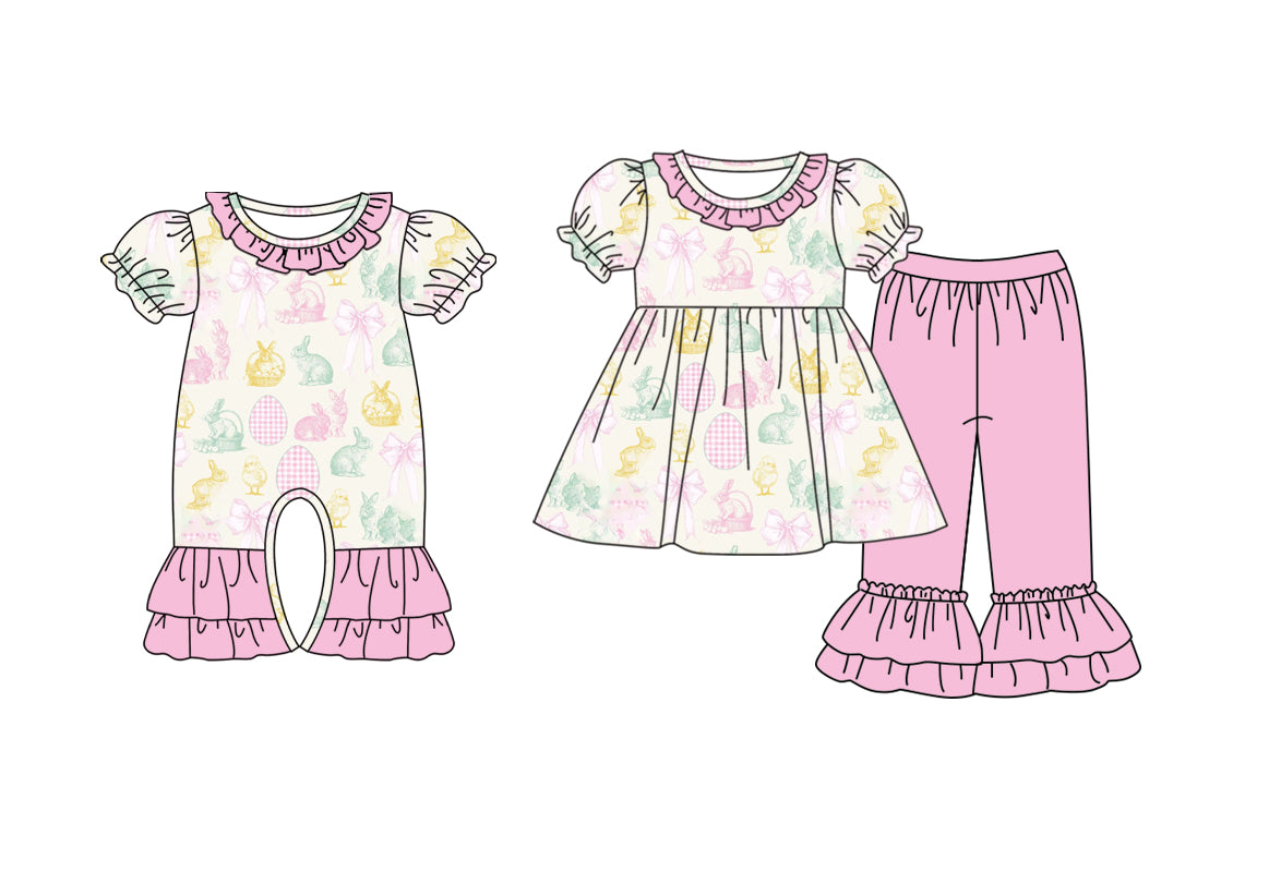 ( Moq 5 Each Style ) Girls Kids Short Sleeves Rabbits Eggs Bows Easter Sibling Romper Set
