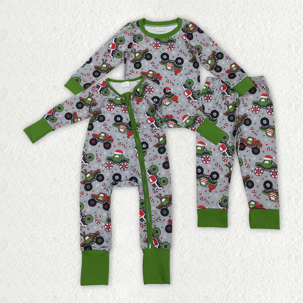 Sibling Baby Boys Kids Long Sleeves Christmas Trucks Zipper Romper Pajamas Set RTS