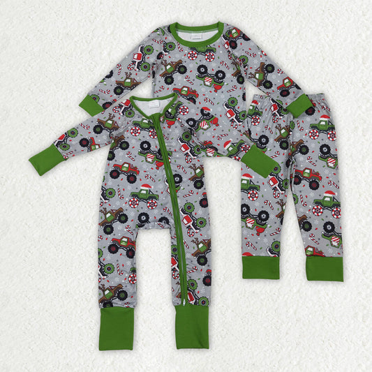 Sibling Baby Boys Kids Long Sleeves Christmas Trucks Zipper Romper Pajamas Set RTS