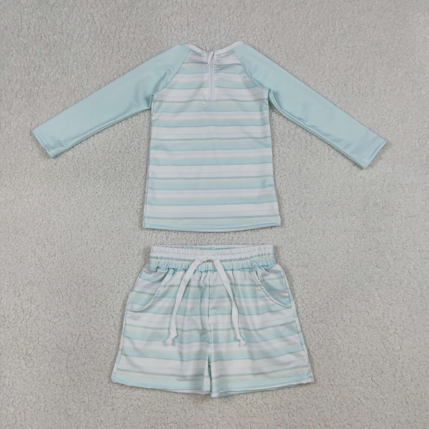 Baby Boys Long Sleeves Stripes Zipper Tops Pockets Shorts Set Swimsuit RTS