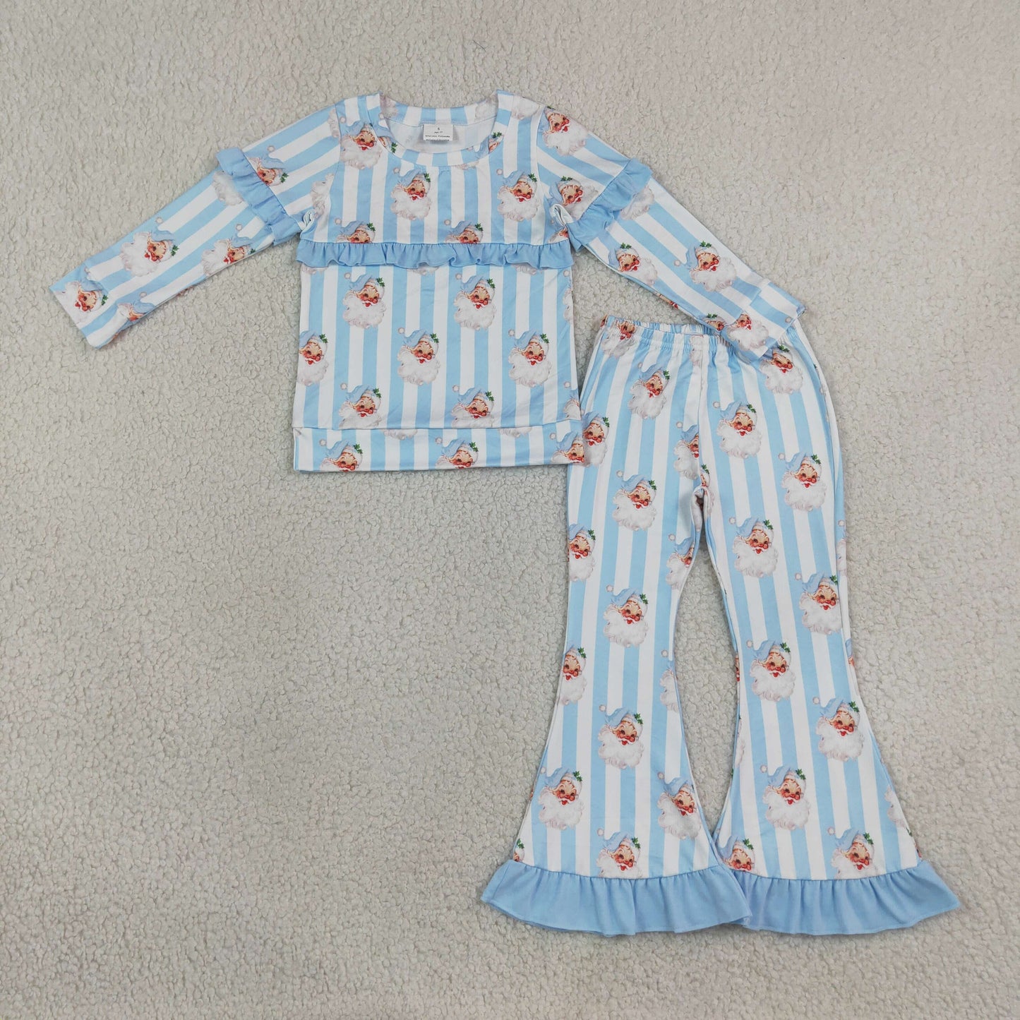 Baby Girls Kids Long Sleeves Christmas Santa Blue Ruffle Shirt Bell Pants Set Clothes RTS