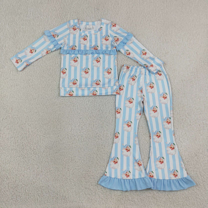 Sibling Baby Girls Kids Long Sleeves Christmas Santa Blue Stripes Tops Pants Sets Clothes RTS