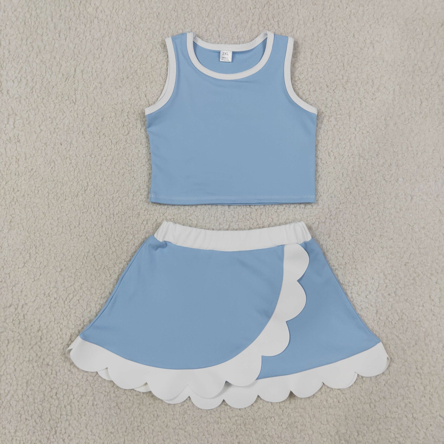 Baby Girls Kids Blue Shirt Scallop Green Skirt Shorts Yoga Active Set Clothes RTS