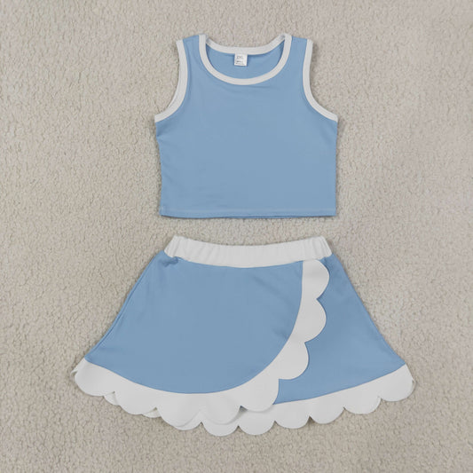Baby Girls Kids Blue Shirt Scallop Green Skirt Shorts Yoga Active Set Clothes RTS