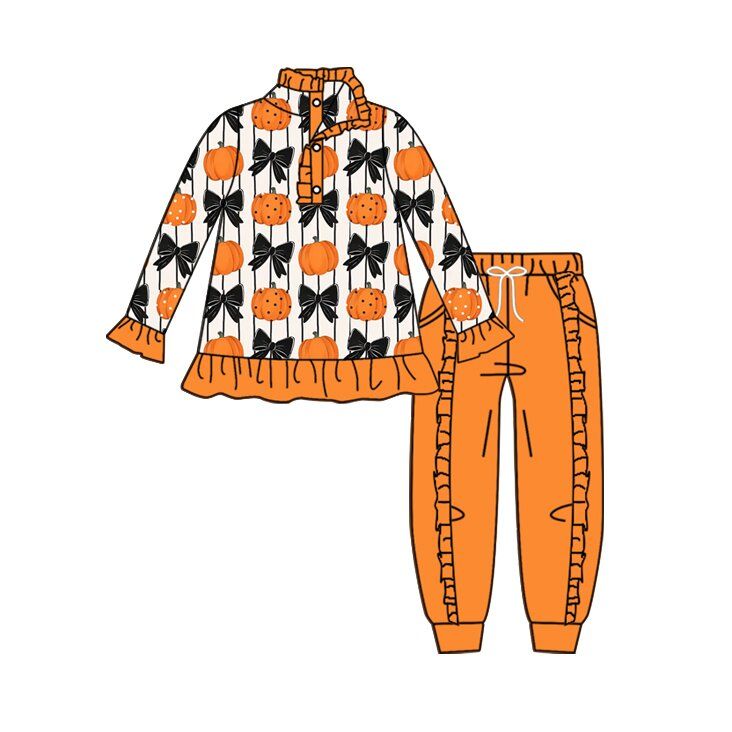 ( Moq 5 ) Preorder Baby Girls Kids Pumpkins Bows Buttons Pullover Ruffle Pockets Pants Fall Set Clothes