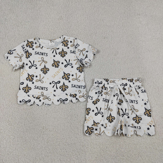 Baby Girls Kids Short Sleeves Bows Team Zipper Shirt Scallop Shorts Set Clothes RTS