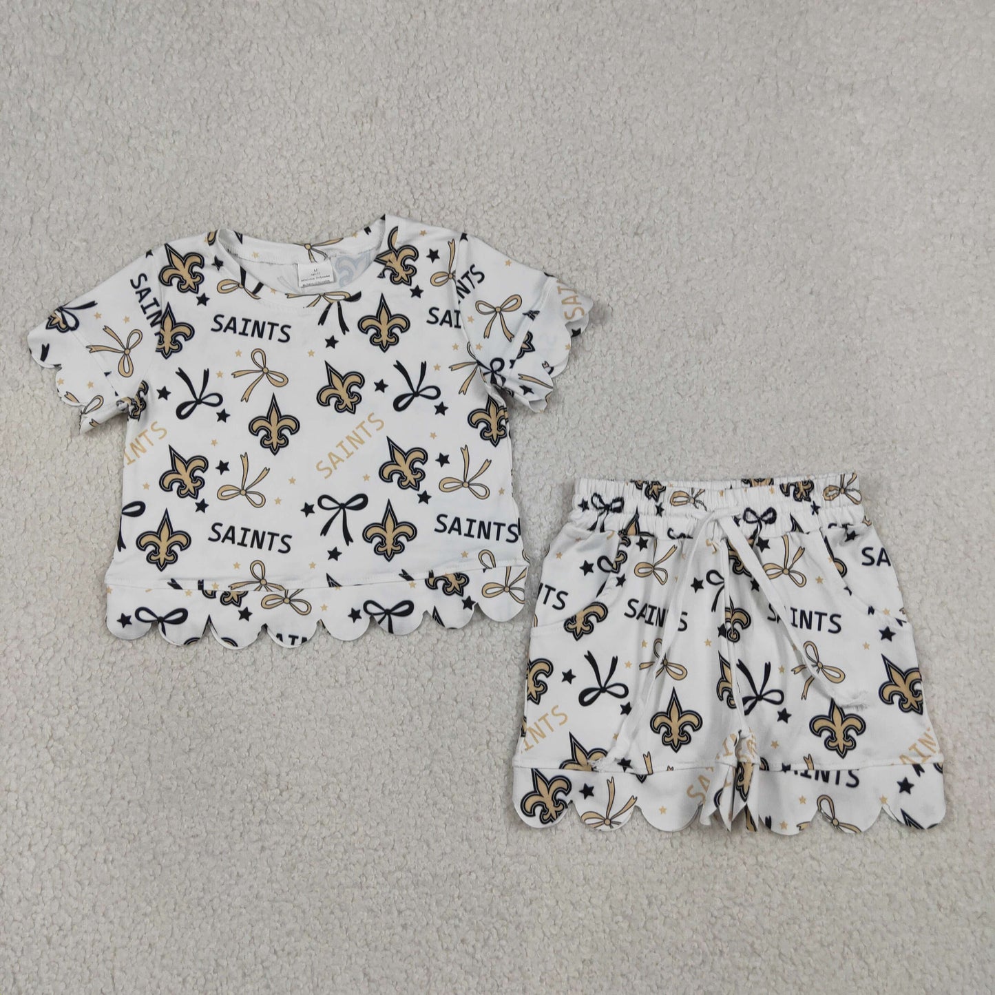 Sibling Baby Girls Kids Short Sleeves Bows Team Shirts Pockets Shorts Sets Scallop Clothes RTS