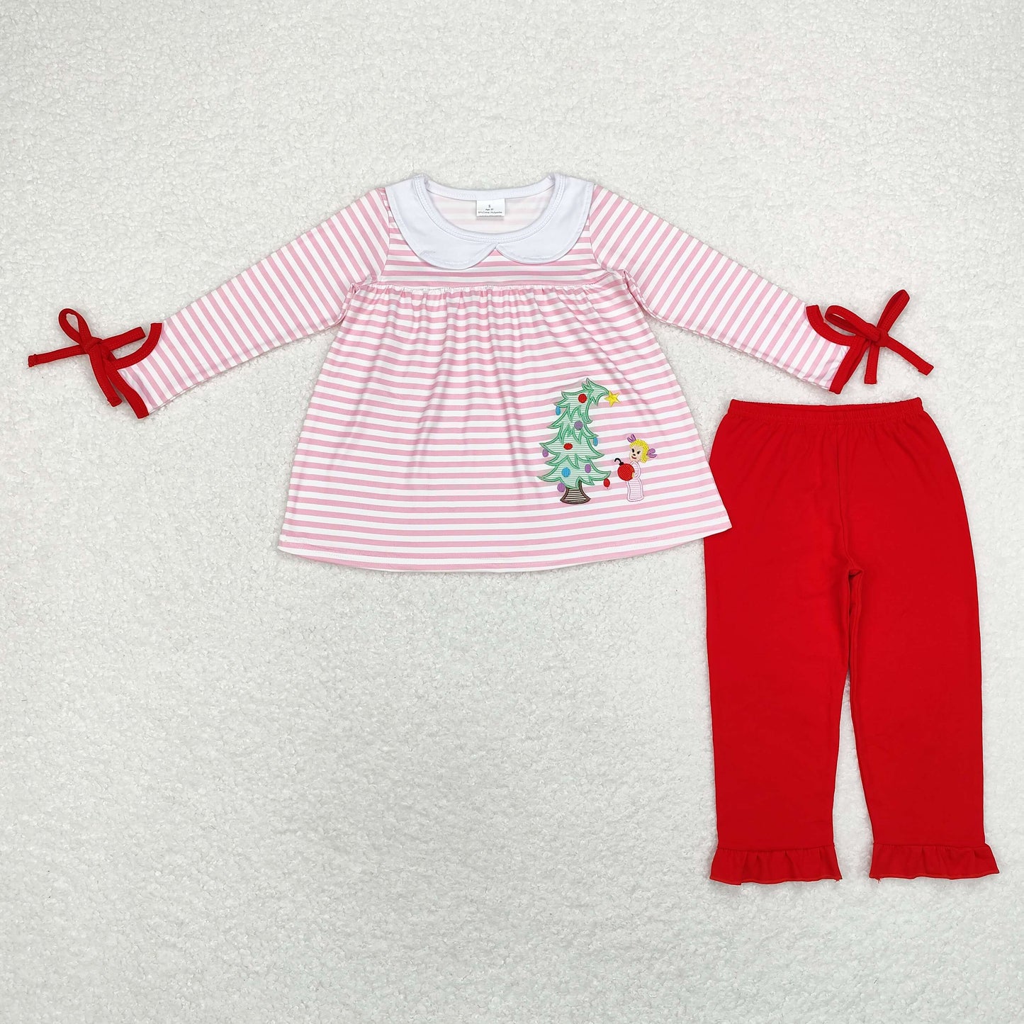 Baby Girl Christmas Embroidery Tree Dog Tunic Pink Pants Set