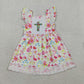 Baby Girls Kids Short Sleeves Embroidery Crosses Flower Easter Ruffle Knee Length Dress RTS