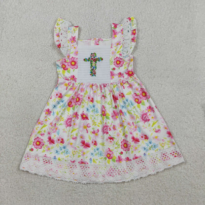 Sibling Baby Girls Kids Short Sleeves Embroidery Crosses Flower Easter Knee Length Dresses RTS