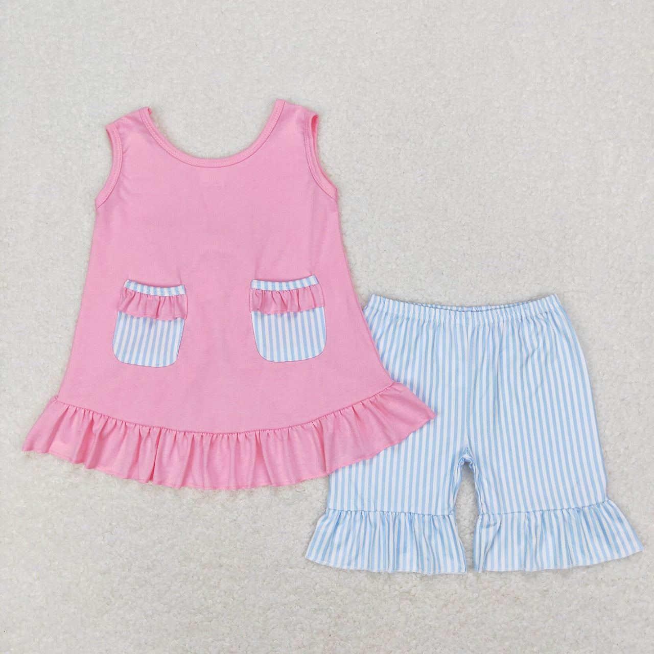 GSSO0438 Baby Girl Sleeveless Pink Pocket Open Back Top Blue Stripes Ruffle Shorts Set