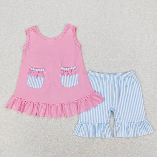 GSSO0438 Baby Girl Sleeveless Pink Pocket Open Back Top Blue Stripes Ruffle Shorts Set