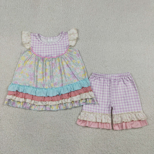 Baby Girls Kids Short Sleeves Flower Ruffle Tunic Plaid Shorts Set Clothes RTS