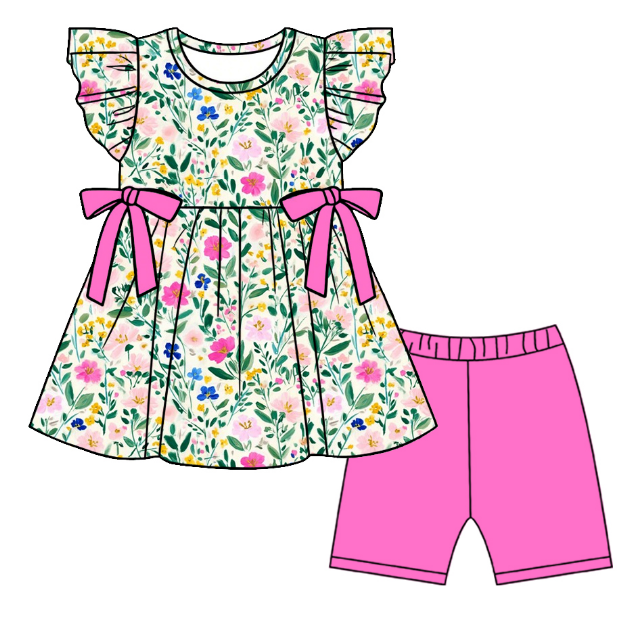( Moq 5 ) Baby Girls Toddler Short Sleeves Flower Tops Pink Shorts Summer Set