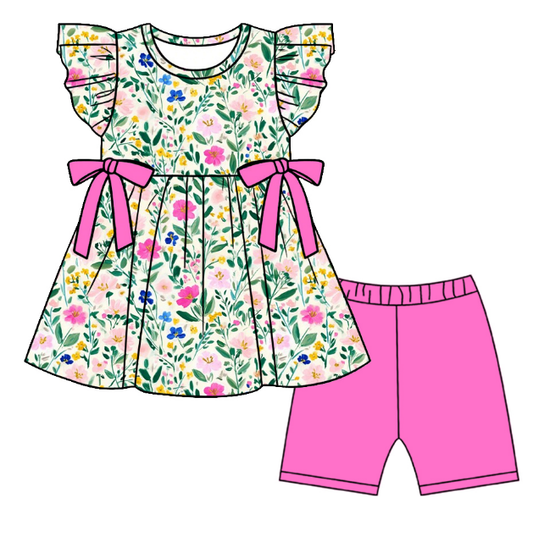 ( Moq 5 ) Baby Girls Toddler Short Sleeves Flower Tops Pink Shorts Summer Set
