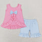 GSSO0438 Baby Girl Sleeveless Pink Pocket Open Back Top Blue Stripes Ruffle Shorts Set