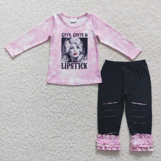 GLP0760 Baby Girl Pink Long Sleeves Singer Shirt Ruffle Pants Outfit