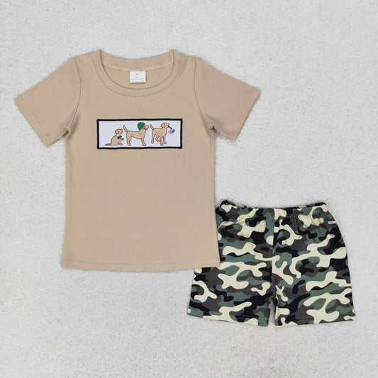 Baby Boy Short Sleeves Dogs Embroidery Shirt Camo Shorts Set