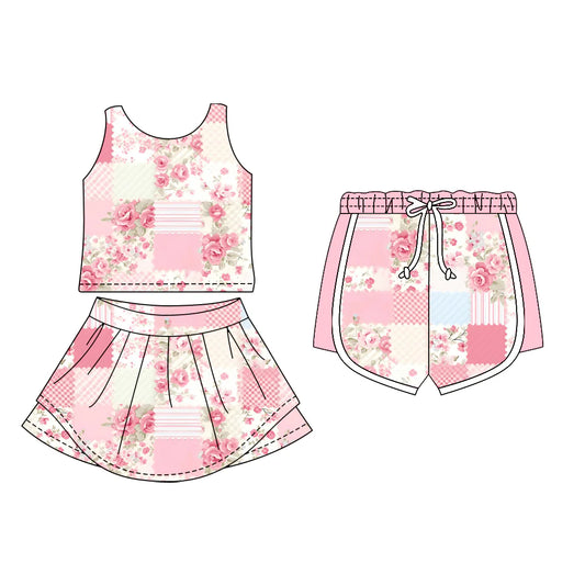 ( Moq 5 Each Style ) Sibling Baby Girls Sleeveless Flower Tops Shorts Skirt Set