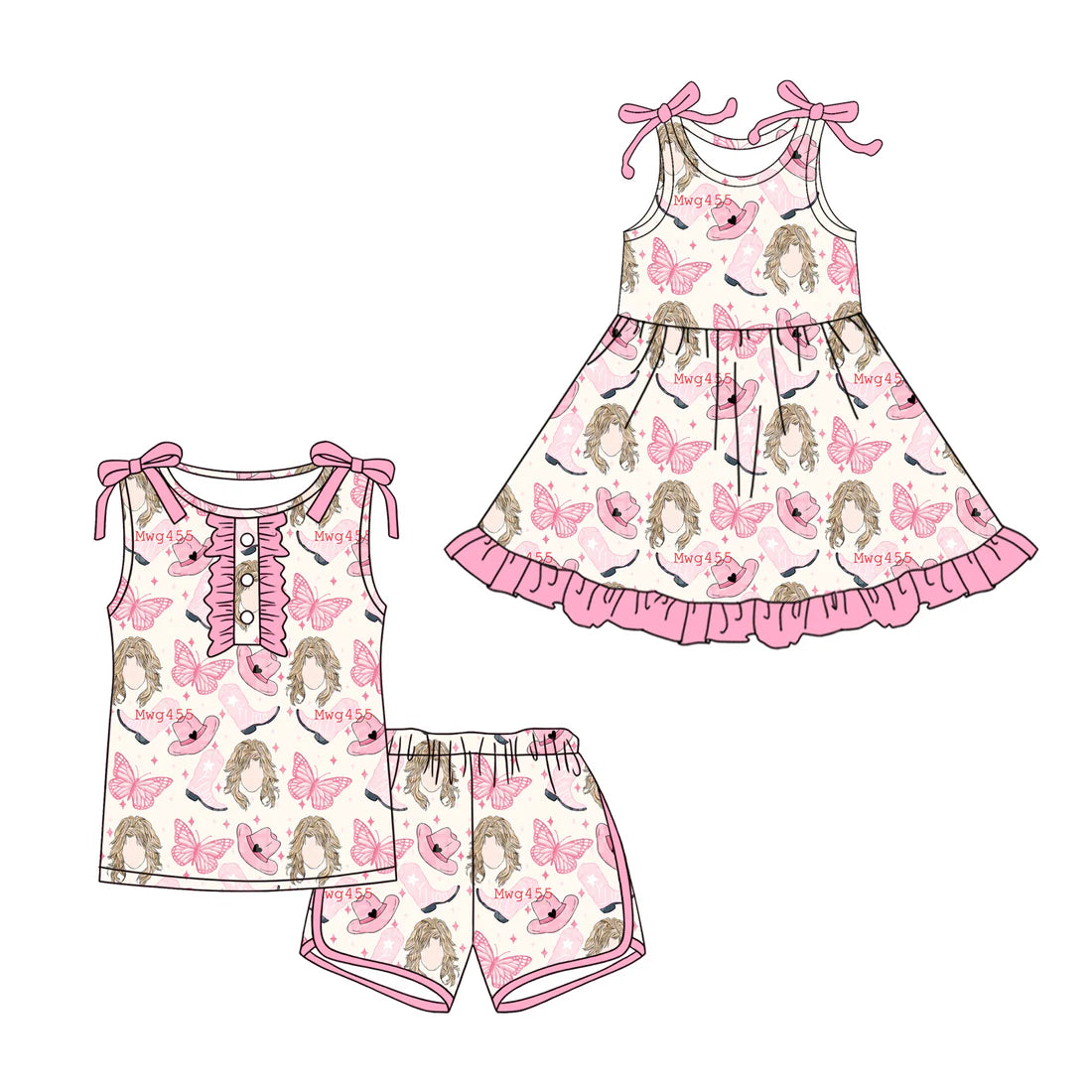 ( Moq 5 Each Style ) Baby Girls Kids Bows Sleeveless Butterfly Boots Sibling Western Pink Dress Set