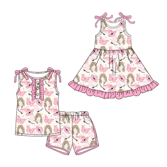 ( Moq 5 Each Style ) Baby Girls Kids Bows Sleeveless Butterfly Boots Sibling Western Pink Dress Set