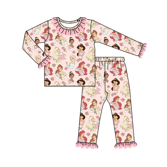 Baby Girl Long Sleeves Princess Flower Pink Shirt Pants Pajamas Ruffle Set