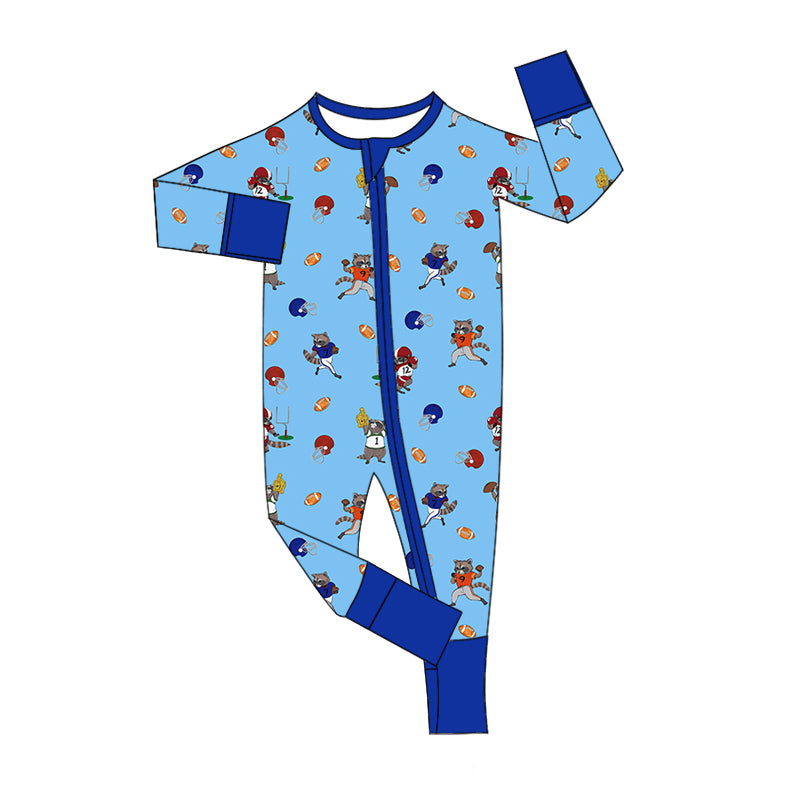 Baby Boy Infant Long Sleeves Animals Football Blue Zipper Romper