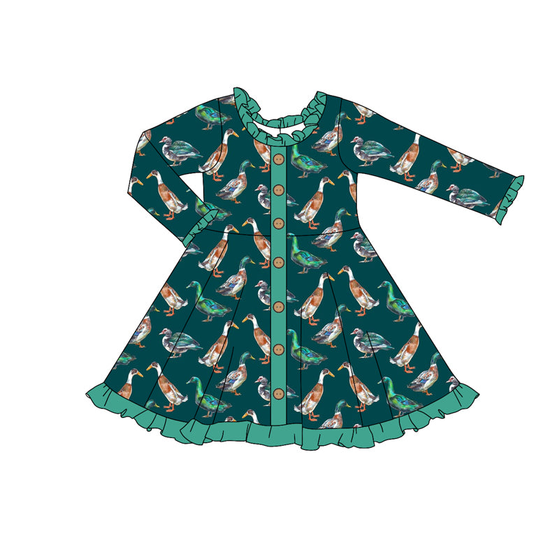 Baby Girl Long Sleeves Ducks Buttons Knee Length Green Dress