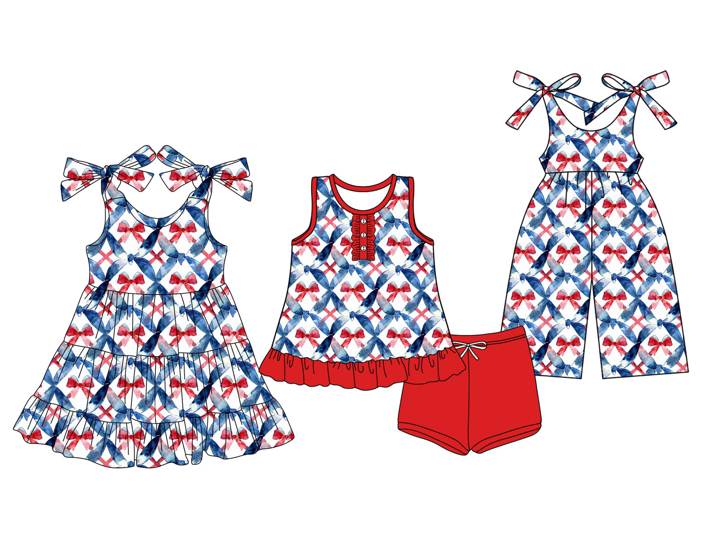 Baby Girl 4th of July Bows Sibling Jumpsuit Dress Set ( Moq 5 Each Style ) 3.14