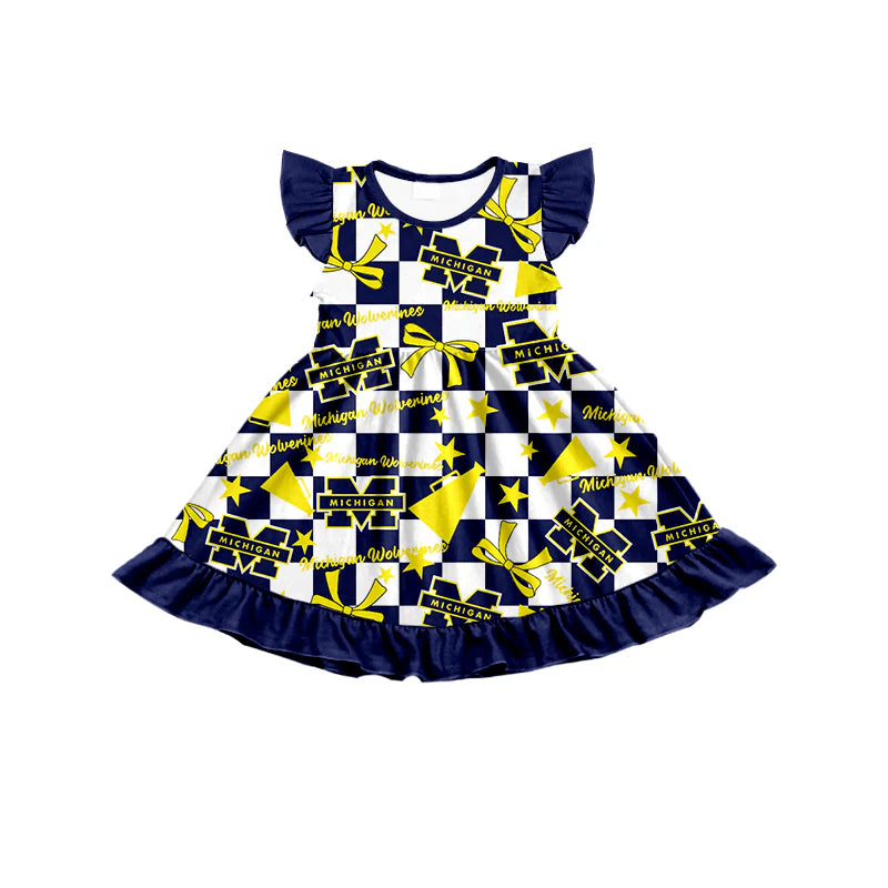 ( Moq 5 each style ) Baby Girl Toddler Team M Yellow Bows Cheer Sibling Checked Dress Set 6.30