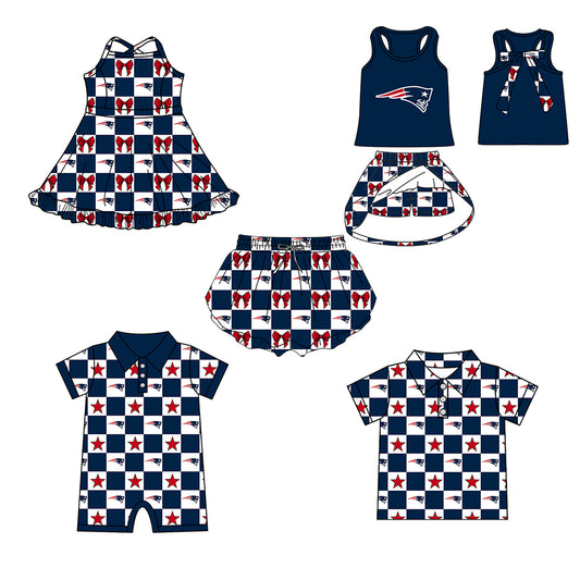 ( Moq 5 Each Style ) Baby Boys Girls Toddler Bows Navy Plaid Team Sibling Shorts Dress Shirt Set Summer Clothes