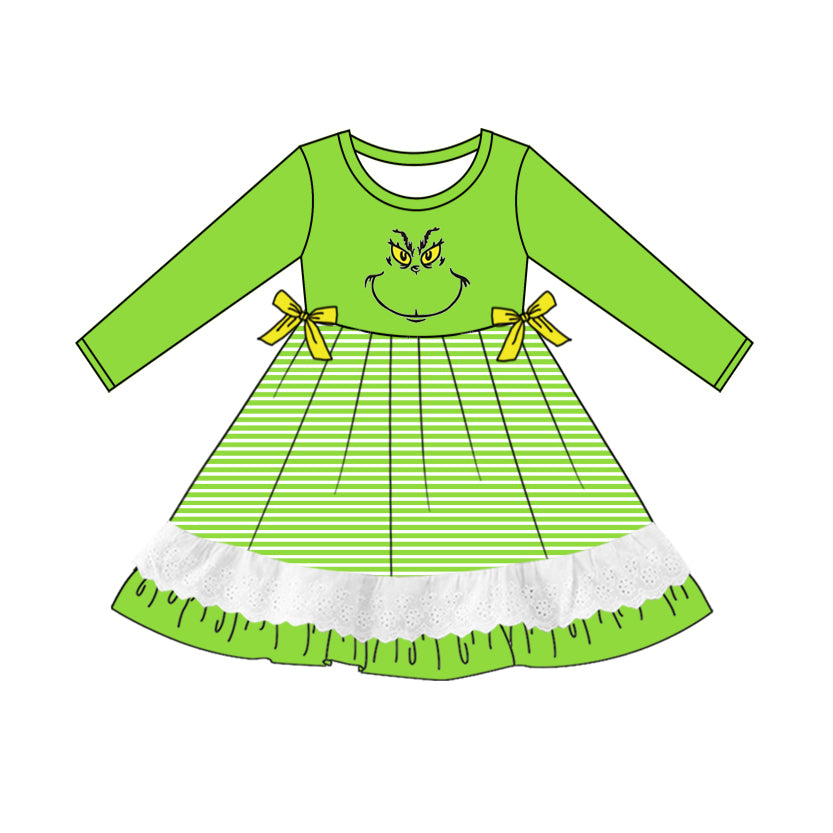 Baby Girl Long Sleeves Christmas Green Face Stripes Dress