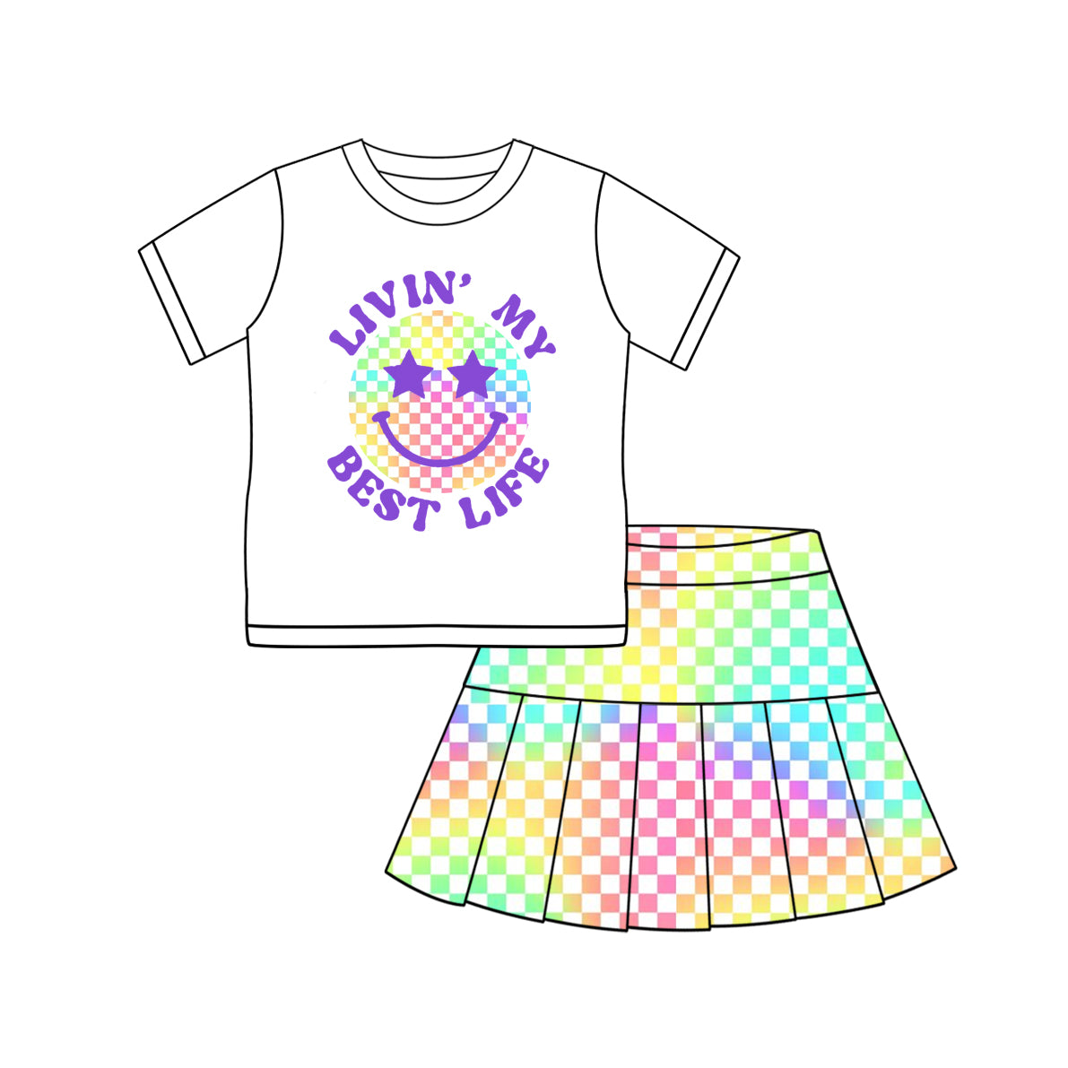 Baby Girl Short Sleeves Smile Shirt Colorful Checked Skirt Set ( Moq 5 ) 3.7