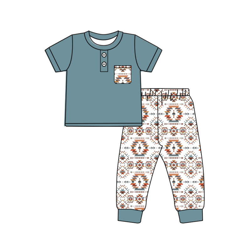 Baby Boy Short Sleeves Pocket Shirt Aztec Western Pants Set Moq 5