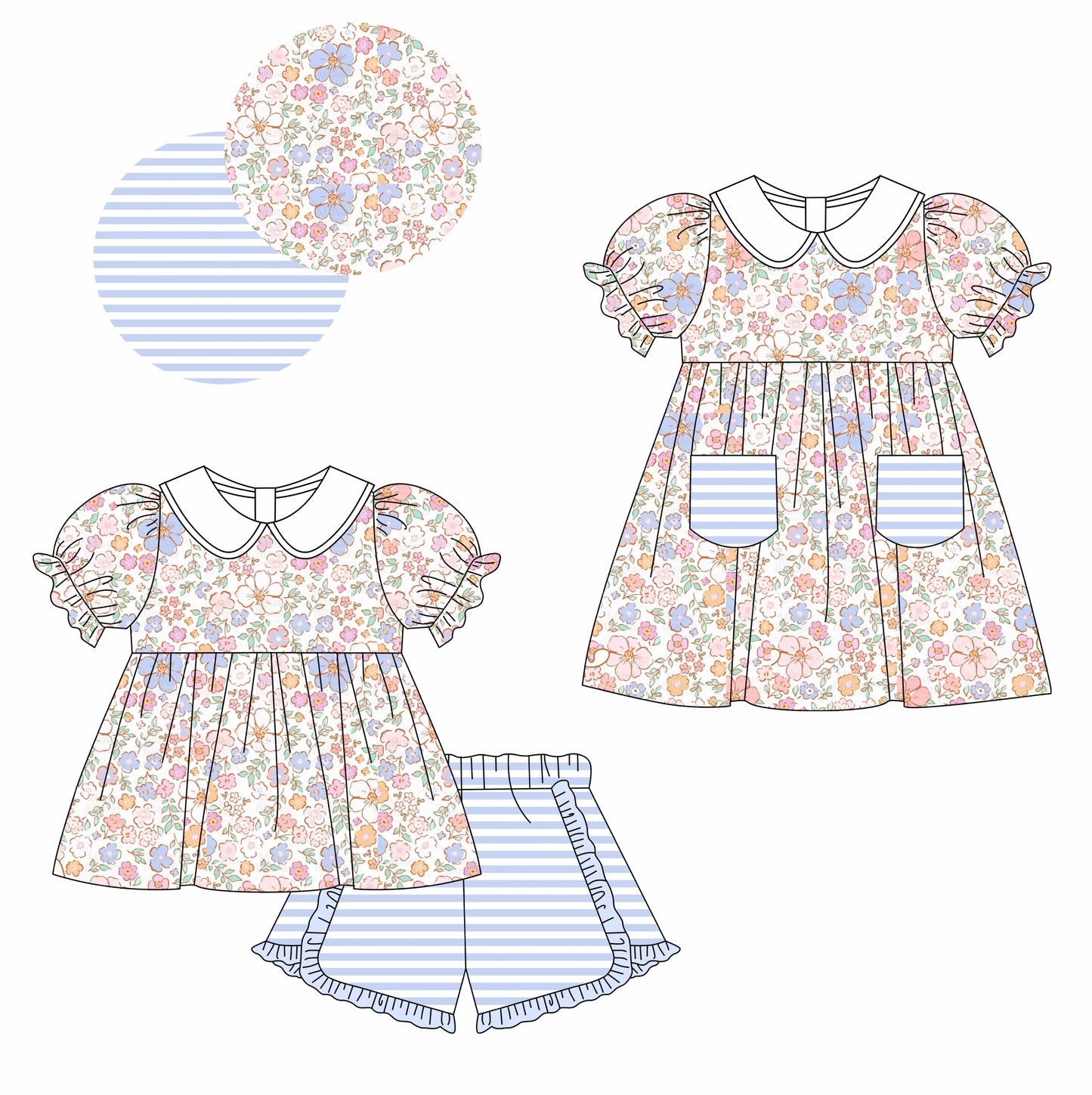 Baby Girl Short Sleeves Flower Stripes Sibling Matching Romper Dress Clothes Set Moq 5 Each Design