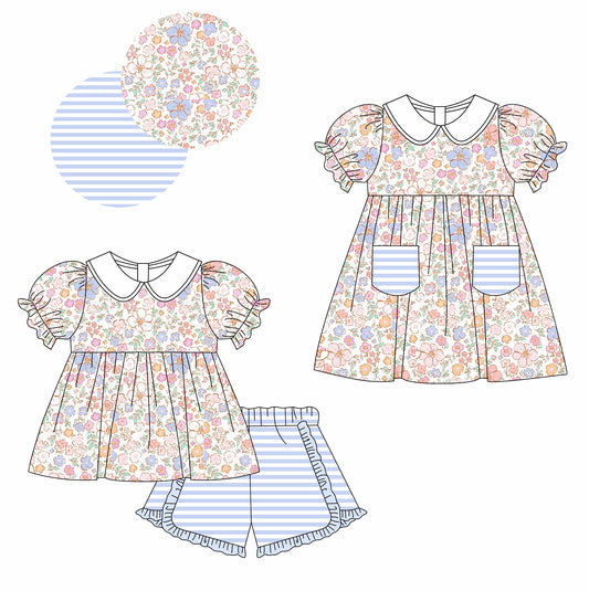 Baby Girl Short Sleeves Flower Stripes Sibling Matching Romper Dress Clothes Set Moq 5 Each Design