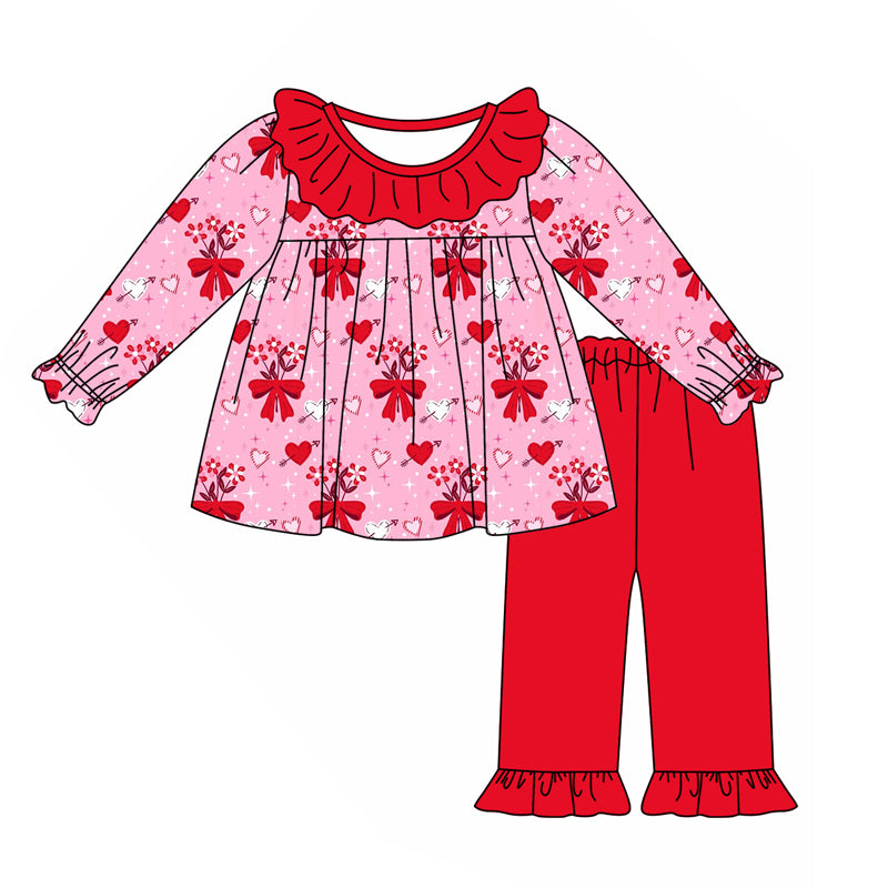 Baby Girl Toddler Long Sleeves Valentine Hearts Bows Floral Tops Red Pants Set