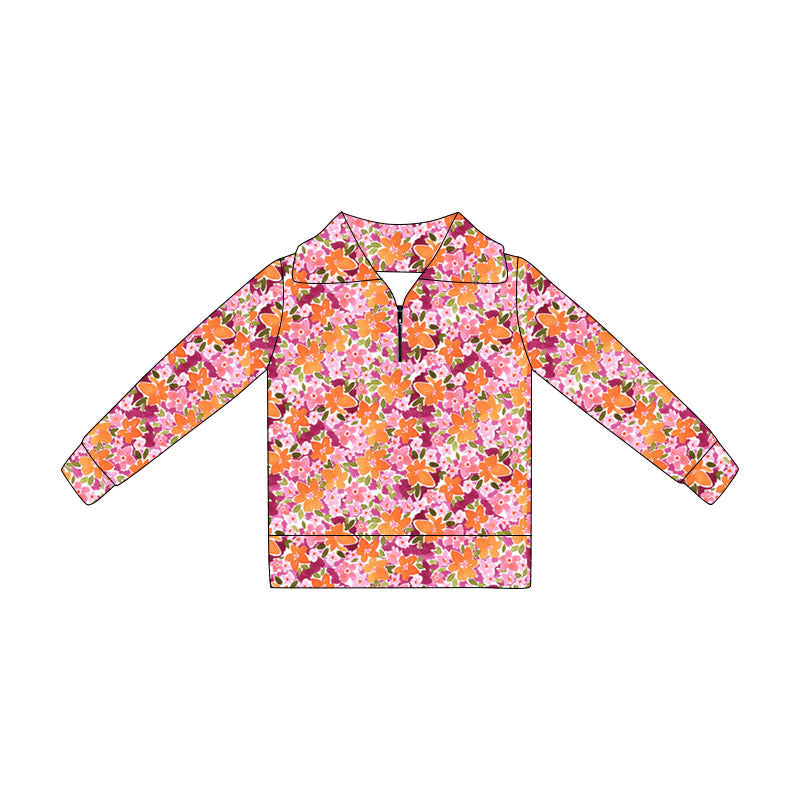 ( Moq 5 ) Preorder Baby Girls Kids Long Sleeves Flower Zipper Pullover Shirt