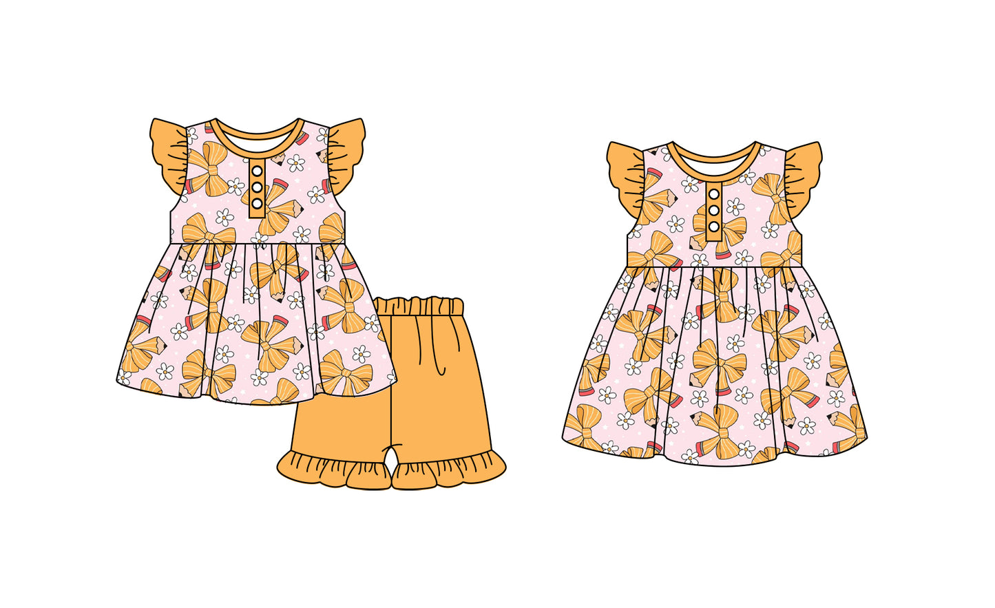 Baby Girl  Pencil Bows Flower Back To School Sibling Dress Clothes Set ( Moq 5 Each Design )11.23