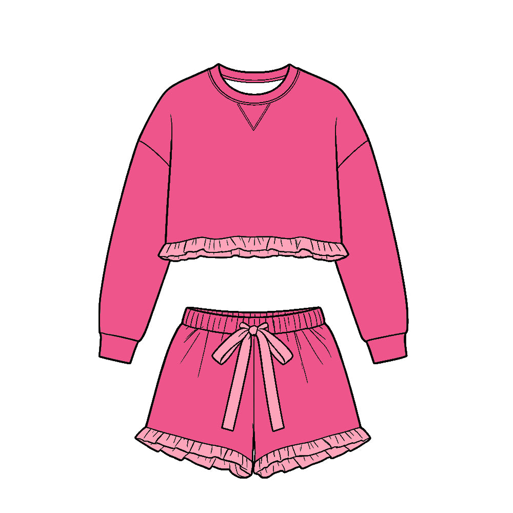 ( Moq 5 ) Baby Girls Kids Pink Long Sleeves Ruffle Shirt Shorts Team Set Clothes