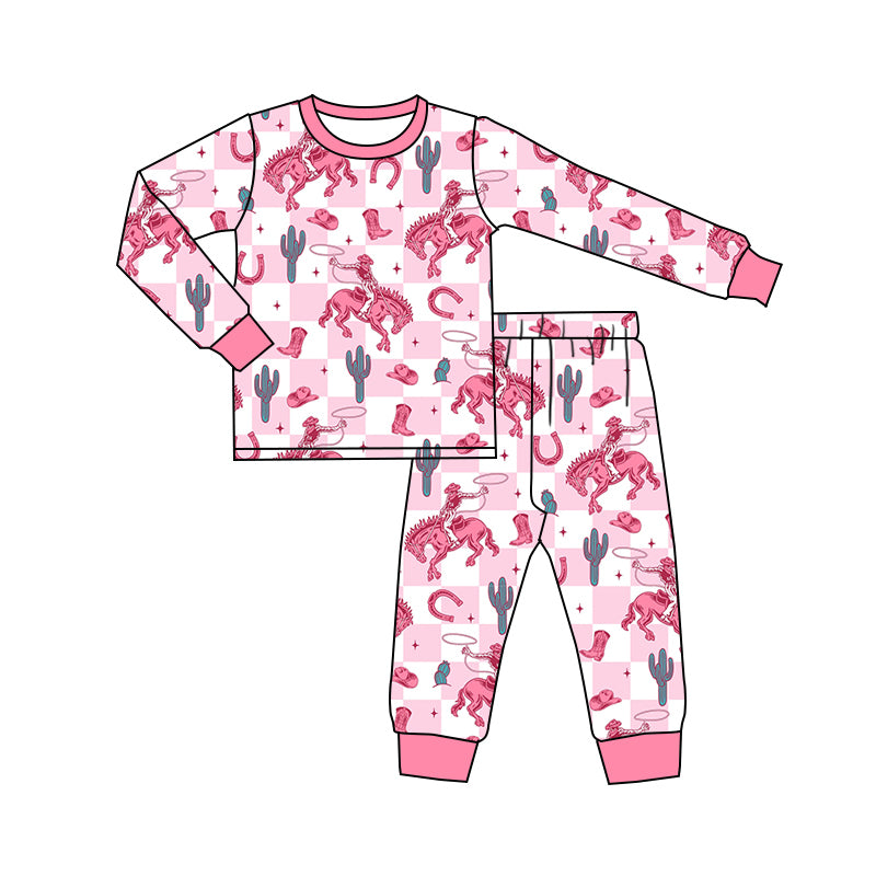 Baby Girl Long Sleeves Rodeo Cactus Western Pink Shirt Pants Pajamas Set