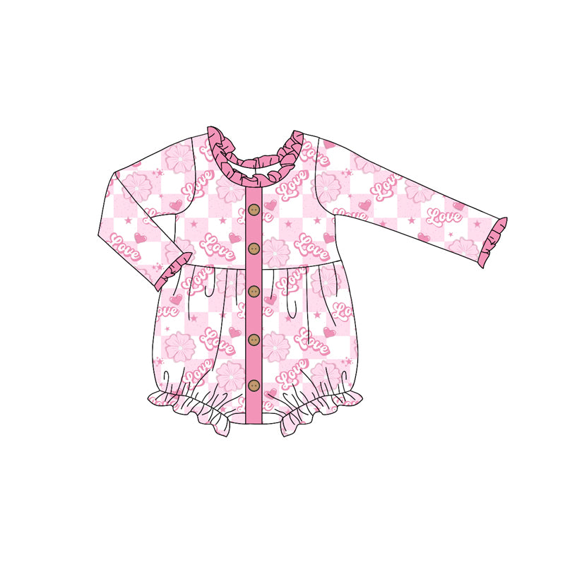 Baby Girl Infant Valentine Love Flower Pink Checkered Bubble Romper