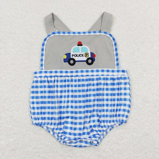 Baby Boy Embroidery Police Blue Plaid Bubble One Piece Summer Romper